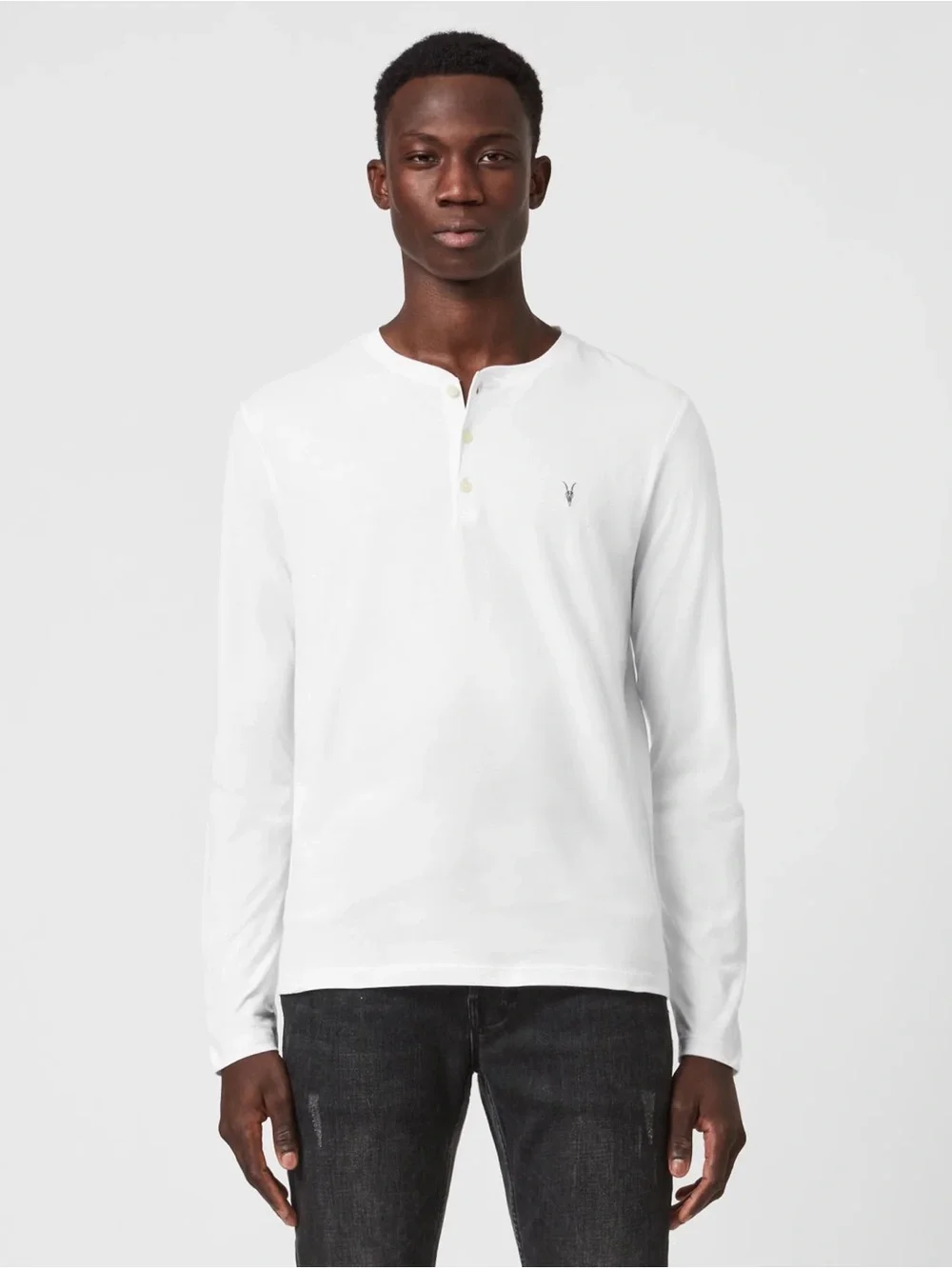 All Saints mens S Small white solid Brace long sleeve Henley shirt EUC